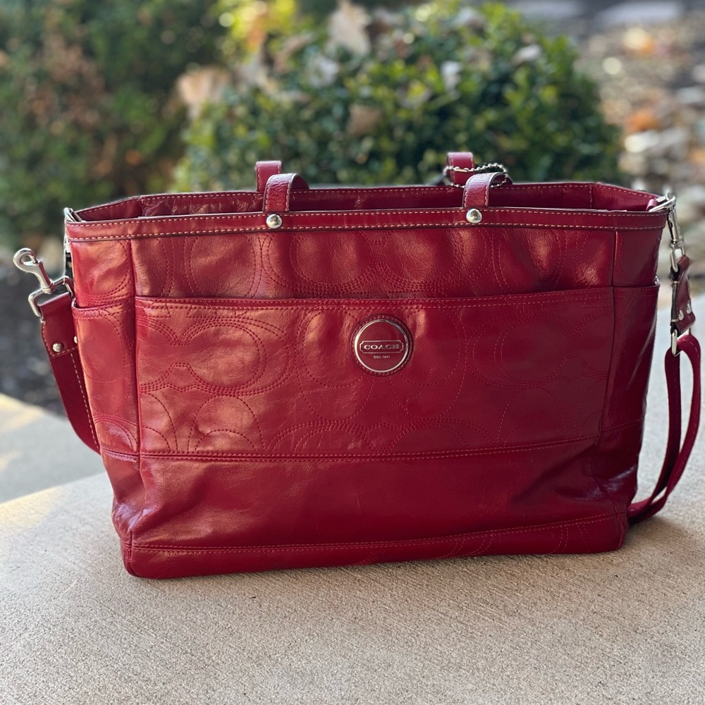 COACH Signature Embossed Patent Red Leather Laptop Diaper Tote Bag XL - Picture 2 of 14